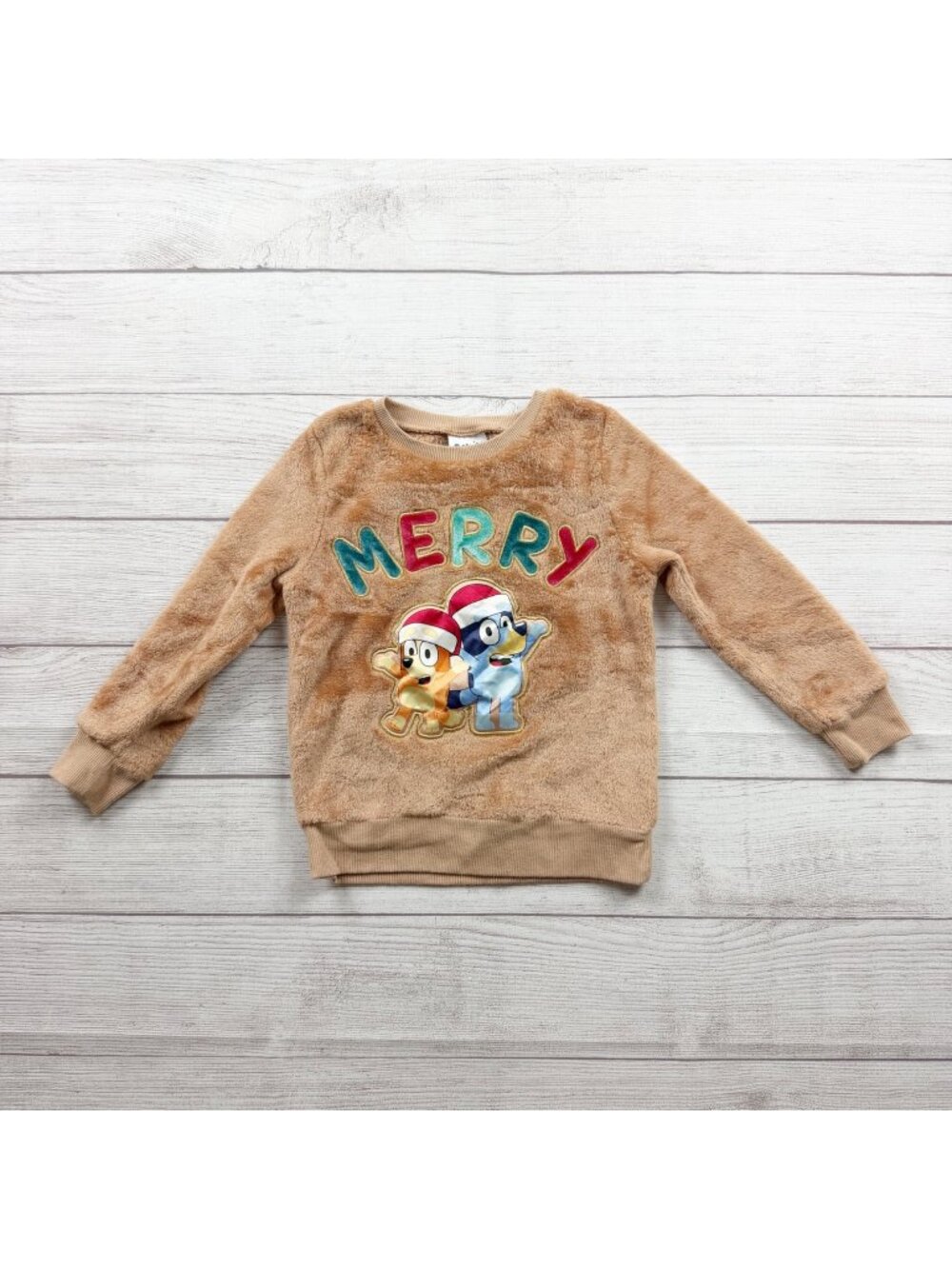 Bluey Kids Fuzzy Merry Christmas Pullover Crewneck Sweatshirt Brown Polyester 5T
